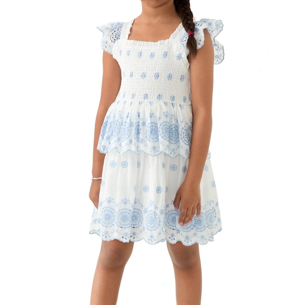 Rare Editions White Dress with Light Blue Embroidery